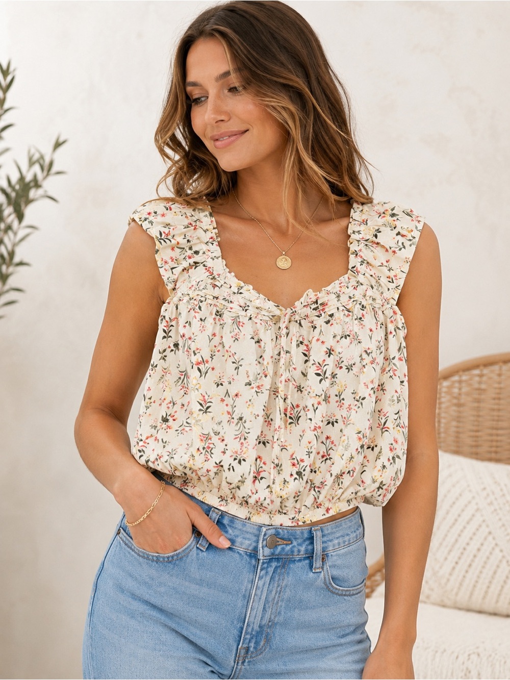 Old Navy Cap-Sleeve Cropped Pintuck Poet Peasant Blouse Size Large Cream Floral